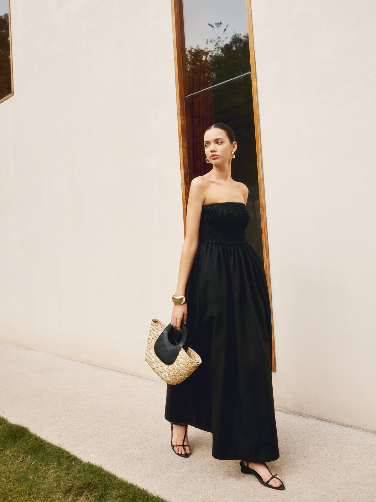 Vestido Largo sin Tirantes con Pliegues de Algodón y Lino