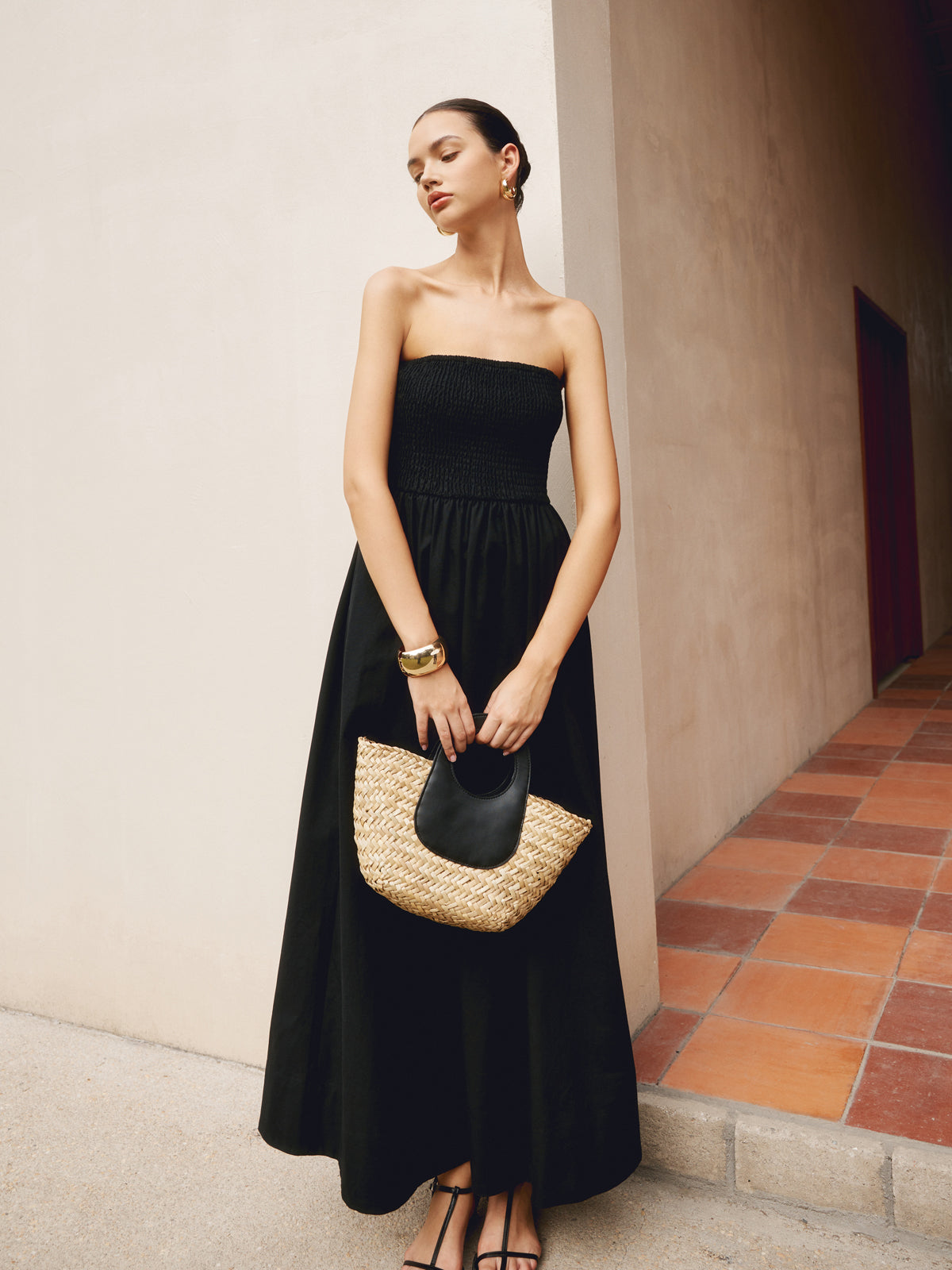 Vestido Largo sin Tirantes con Pliegues de Algodón y Lino