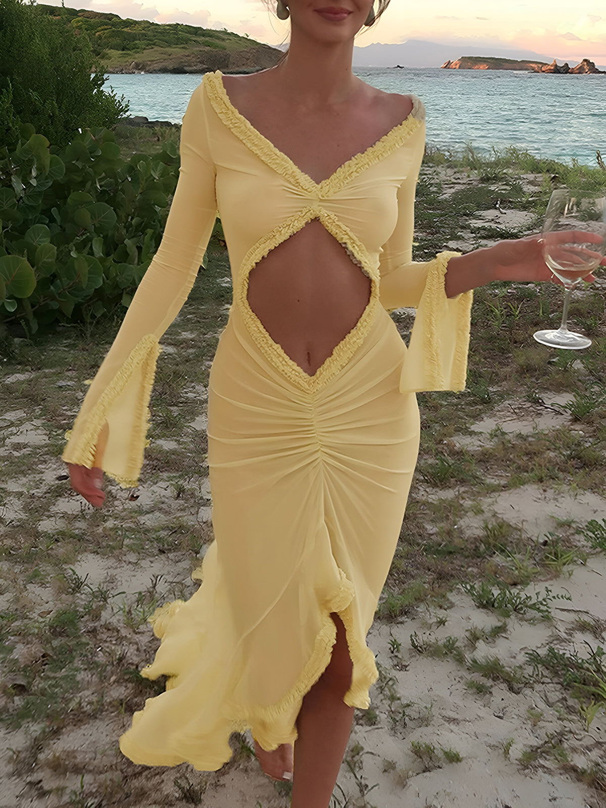 Sheer Ruffle-Cut Long Dress with Lace