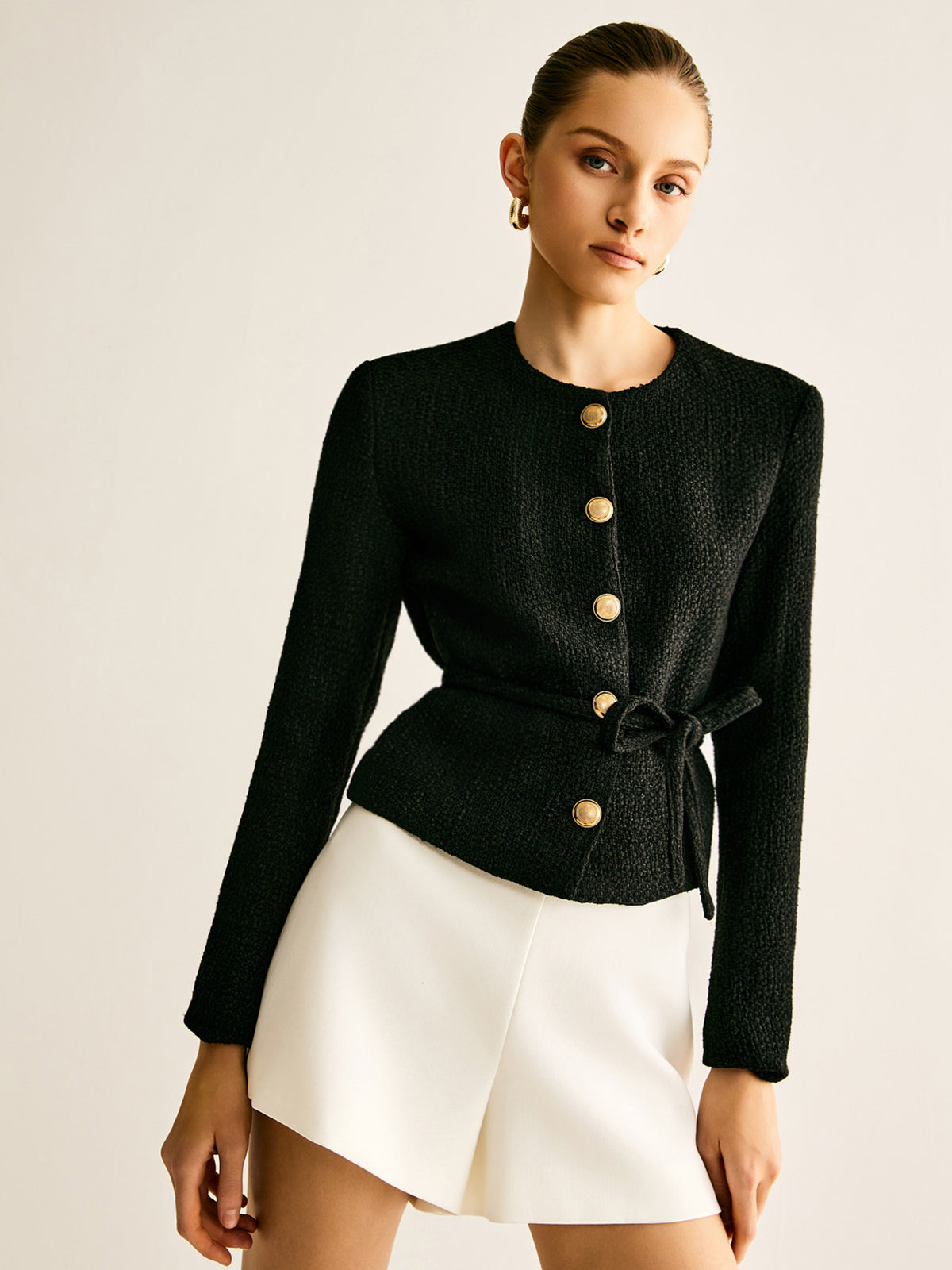 Blazer Abbottonato con Cintura in Vita