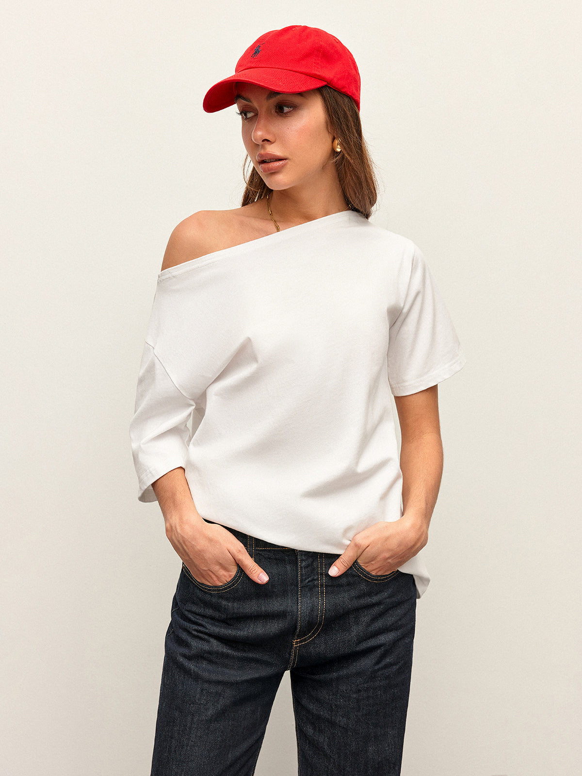 Camiseta de Algodón con Hombros Descubiertos